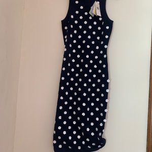Michael Kors sleeveless,  navy knitted dress with white sequin flowers, Medium